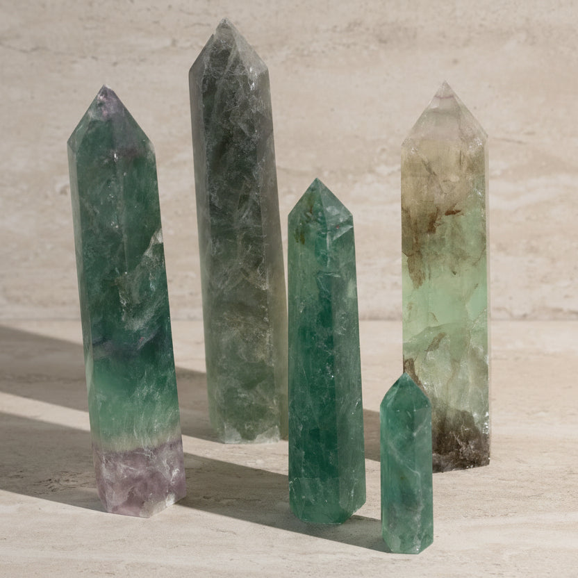 Set of green crystal points on a stone surface