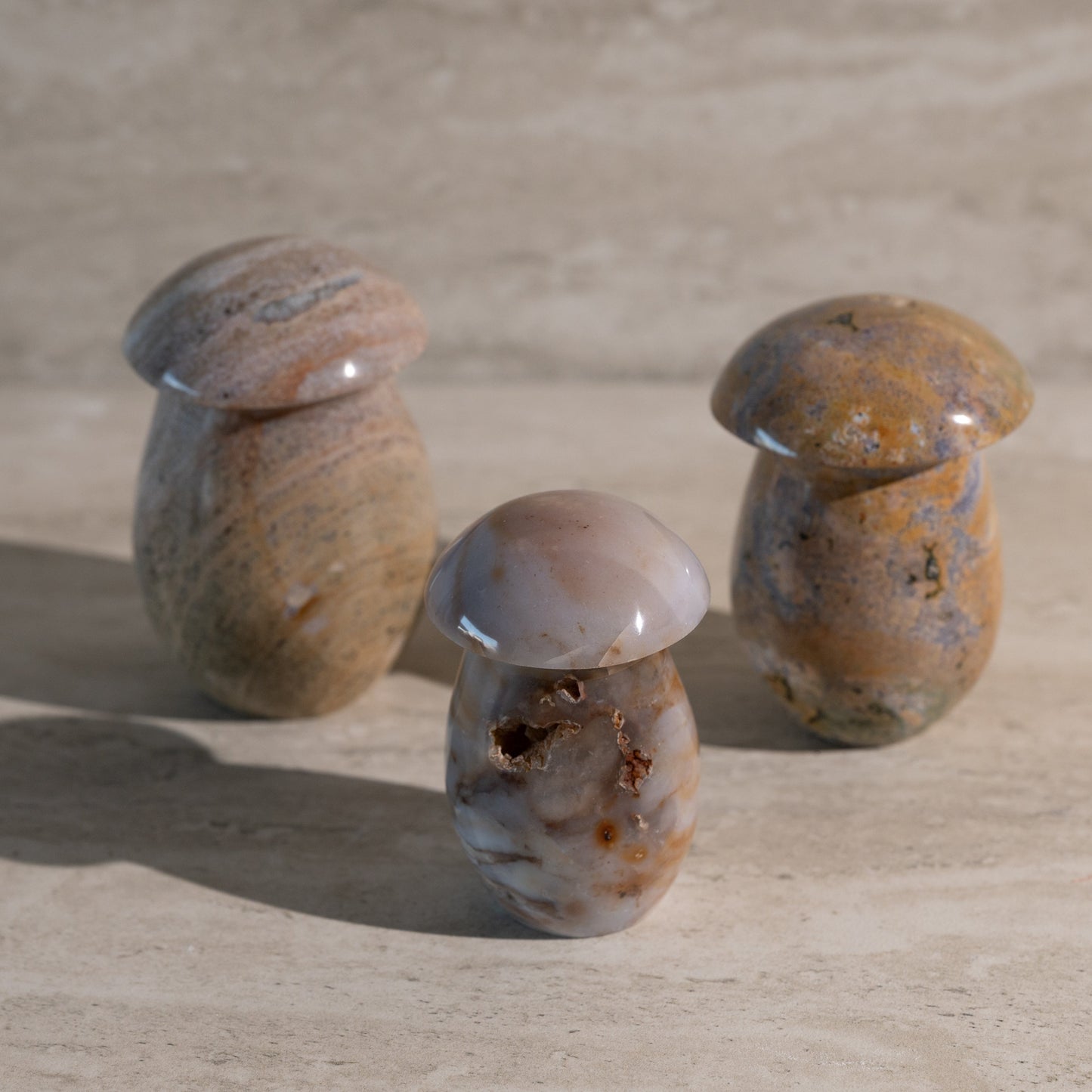 Three stone mushrooms on a sandy surface