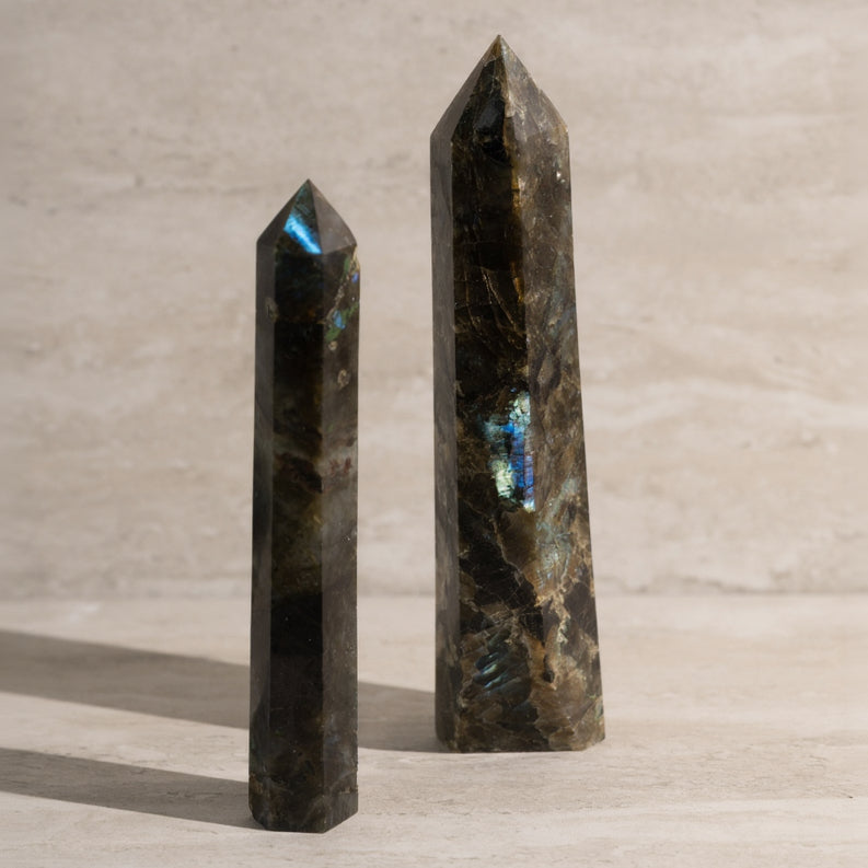 Two Labradorite crystal points on a neutral background