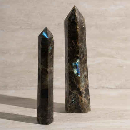 Two Labradorite crystal points on a neutral background